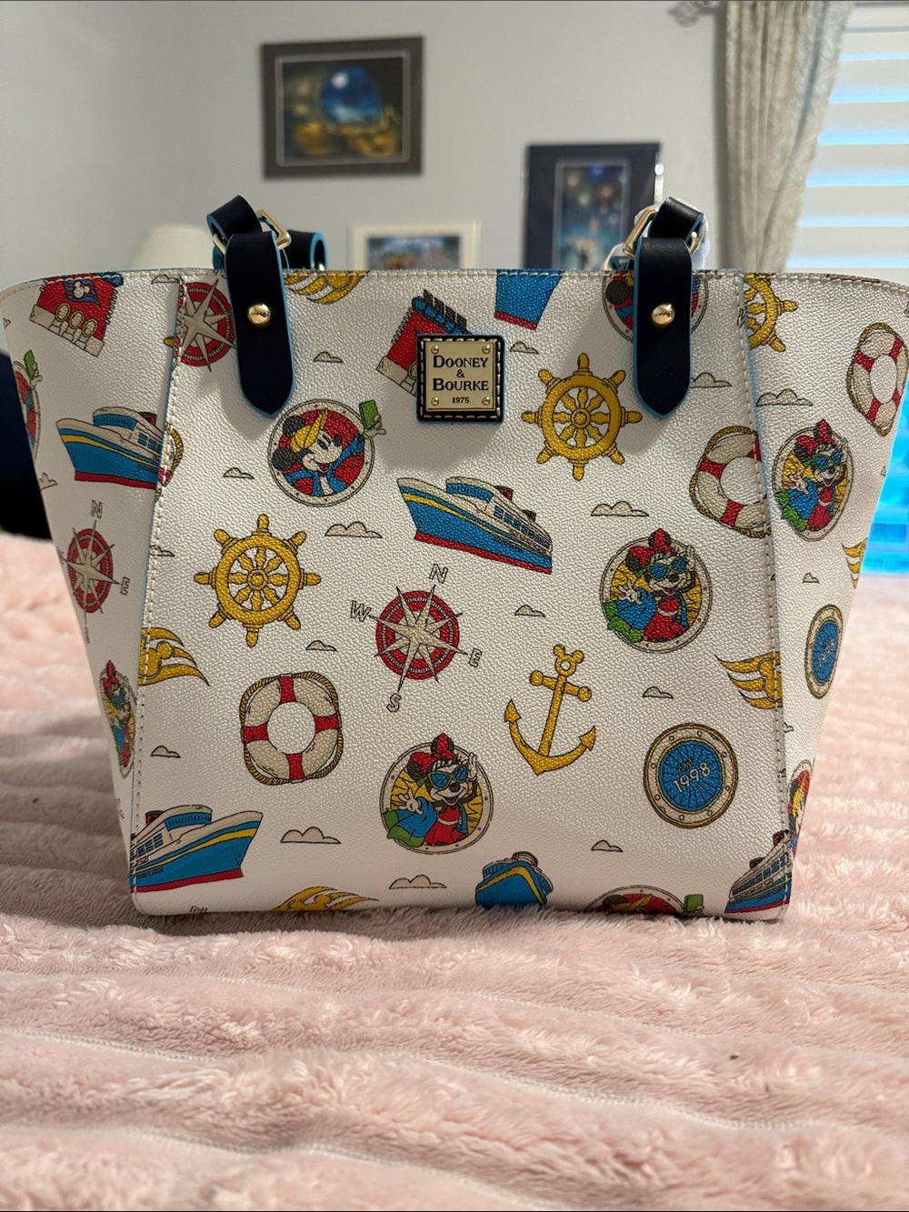 Dooney & Bourke DCL White Nautical Print Tote with Navy Trim